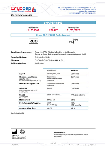 Certificat d'analyses pNAPEP-8503 Substrat Chromogène FXa